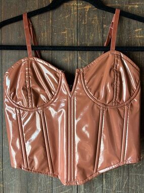 AKIRA Shiny Corset-Style Camisole in Rust Brown